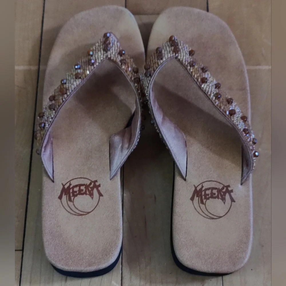 Meeka Beaded Tan Flip Flop Sandals